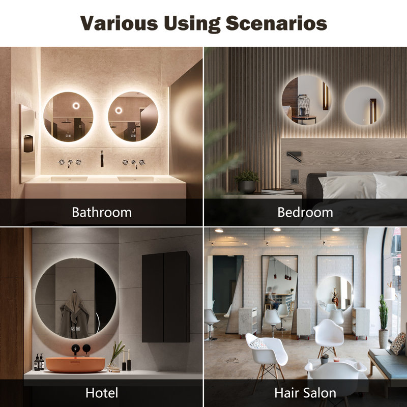 Orren Ellis Round Frameless Lighted Bathroom/Vanity Mirror Dimmable